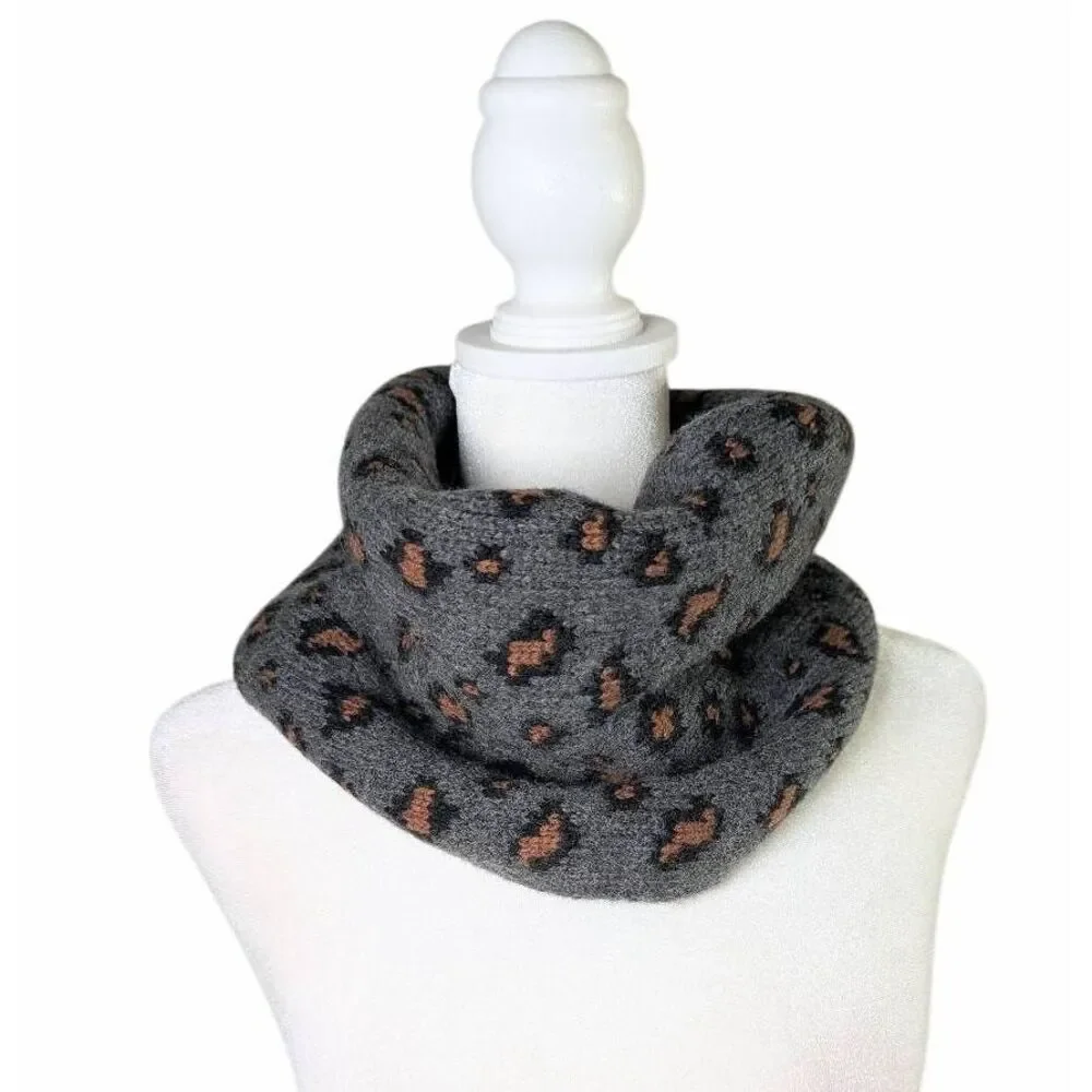 Ann Taylor Gray & Tan Wool Alpaca Blend knit Animal print tube scarf neck cuff